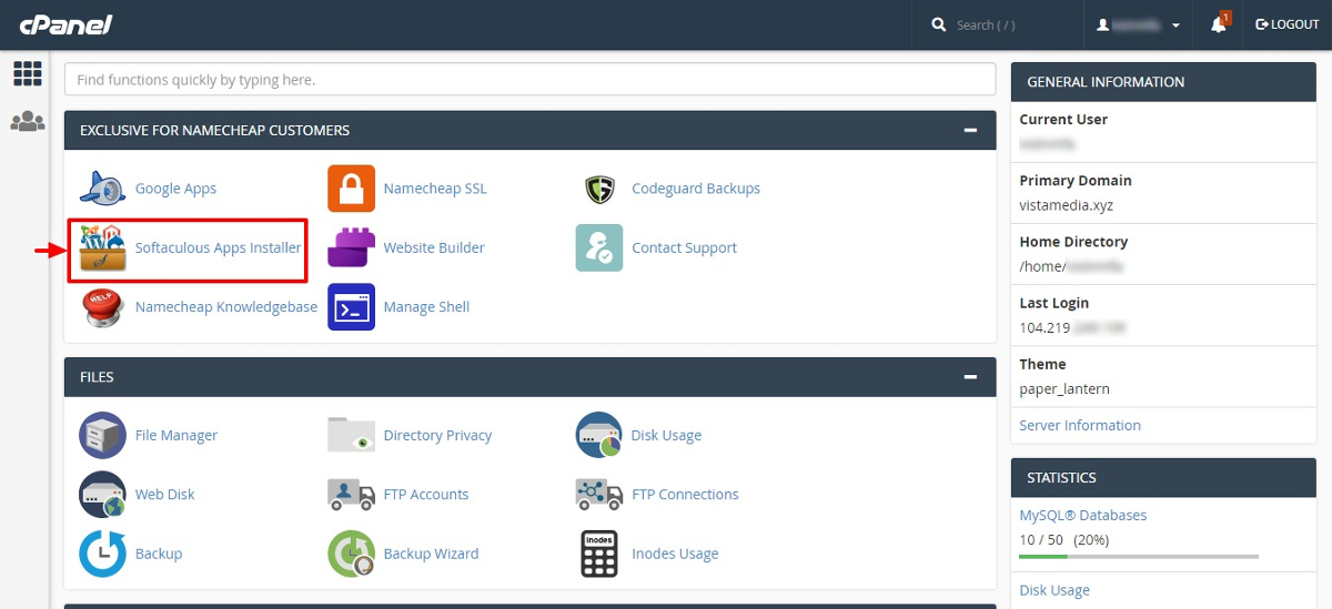 cpanel main page