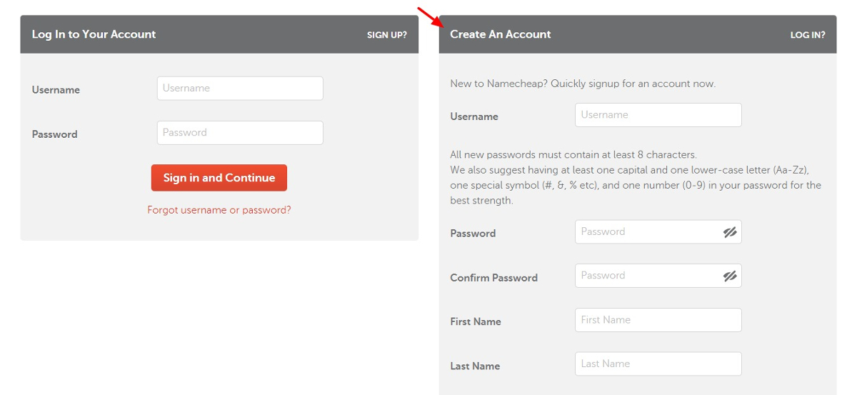 namecheap account registration form