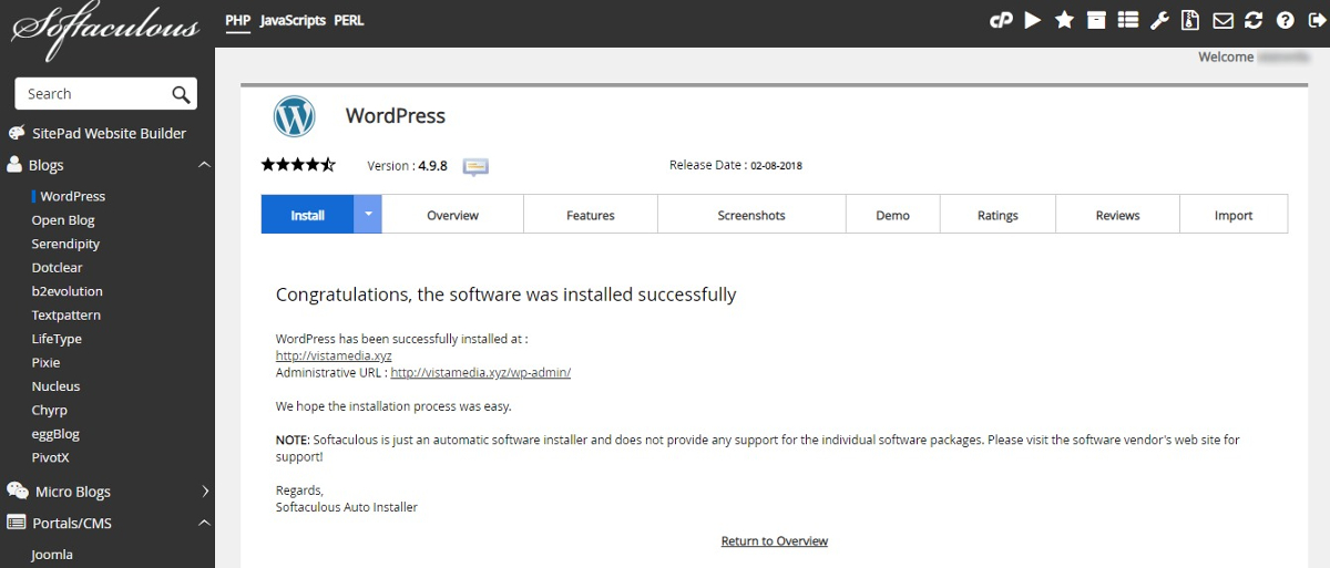 successful wordpress installation in namecheap