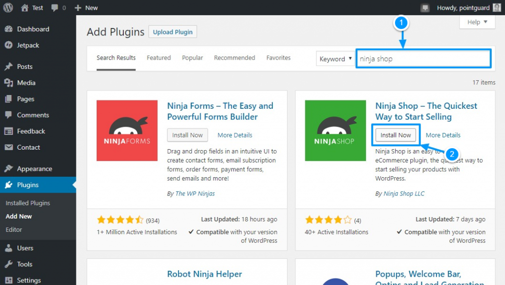 installing ninja shop directly from the wordpress plugin repository