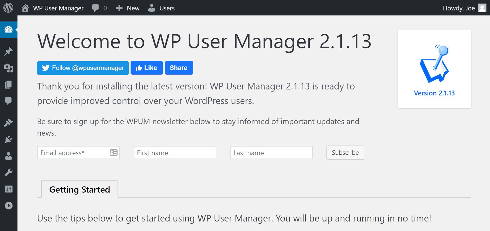 Welcome Screen for the WP User Manager plugin